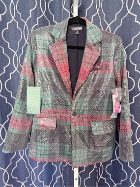 Johnny Wujek Sequin Plaid Blazer in green & red Sz XS NWT D23